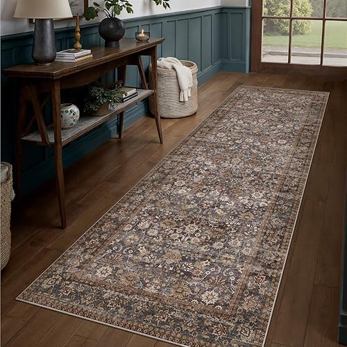HUGEAR 2x6 Brown Blue Vintage Floral Washable Runner Rug for Hallway by HUGEAR