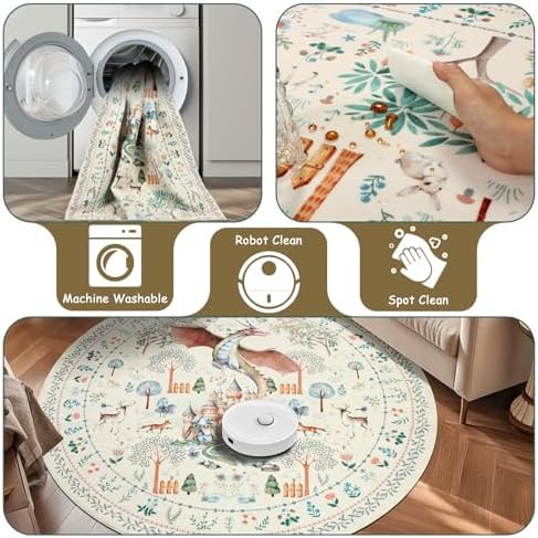 nesrt Washable Dragon Area Rugs for Living Room 6Ft Round, Beige Soft Modern Bedroom Rugs Non Slip, Thin Animal Print Forest Dining Room Floor Carpets for Kids Nursey Playroom Home Office Decor - Image 5