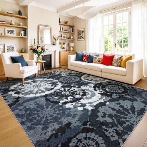 Large Boho Modern 9x12 Area Rug, Black White Low-Pile Washable Rug by Quntue