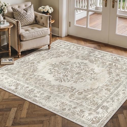 PureCozy 3x5 Washable Area Rug Entryway Cream Beige Vintage Small Doormat - Image 3