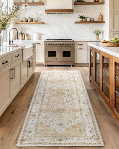 Amada 2'6"x10' Washable Runner Rug for Hallway, Beige, Vintage Style by AMADAHOMEFURNISHING