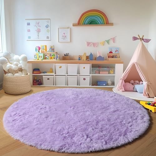 Light Purple Fluffy Round Rug Circle Area Rugs 4ft for Girls Kids Bedroom - Image 4