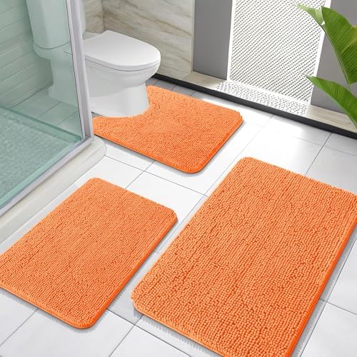 OLANLY Chenille Bathroom Rugs Sets 3 Piece, 30"x20"+24"x16"+24"x20", Orange by OLANLY