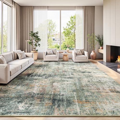 9x12 Area Rug for Living Room, Abstract Washable Large Rugs, Coffee/Green by Lofus