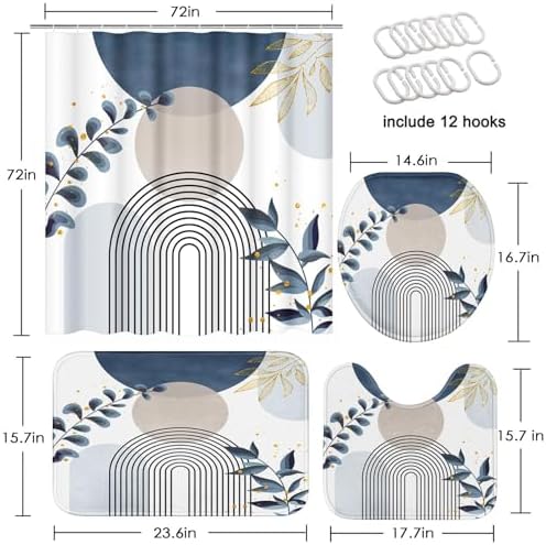 Bathroom Sets with Shower Curtain and Rugs, Set of 4, Leaves Boho - Image 2