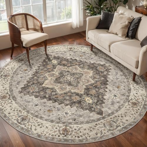 Tangsoo Washable Round Area Rugs 5ft, Vintage Non Slip Circle Rug Low Pile by Tangsoo