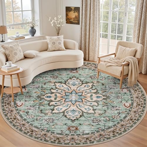 Round Area Rug for Living Room: 6ft Boho Washable Rug Brown Green by EXPEDIX