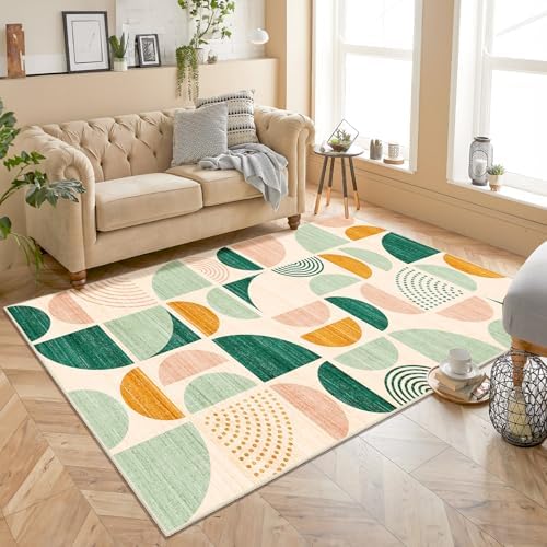 MUJOO Green Rug Boho Washable,4x6.5 Area Rugs for Bedroom Entryway Living Room Bedside,Small Throw Floor Carpet Non Slip Soft Indoor Modern Abstract Sage Green - Image 2