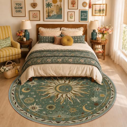 Vacuum-Friendly, Round 8ft Washable Area Rug, Green Brown by meejou