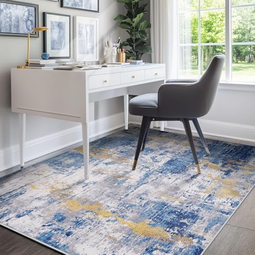 RELEANY Washable 4'x5' Abstract Area Rug for Living Room Blue Gold - Image 2