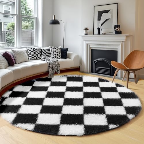KICMOR Round Rugs 7ft Black and White Circle Area Rug, Fluffy Soft Large Fuzzy Shag Shaggy Bedroom Living Room Carpet, Indoor Checkered Circular Rug for Kids Boys Girls Home Decor Aesthetic, Nursery - Image 3