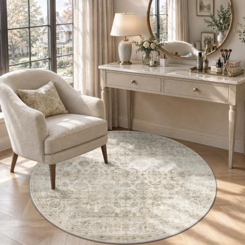 JOOJA 4x4 Beige Vintage Soft Low Pile Washable Boho Small Round Kitchen Rug - Image 4