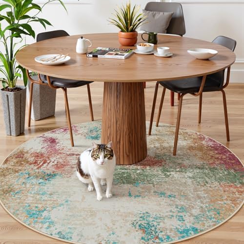 Lahome Modern Abstract Round Rugs for Living Room, 5ft Washable Ultra Thin Round Area Rug Non Slip, Multi Color 5x5 Circle Throw Carpet for Office Bedroom Dining Room Under Table - Image 3