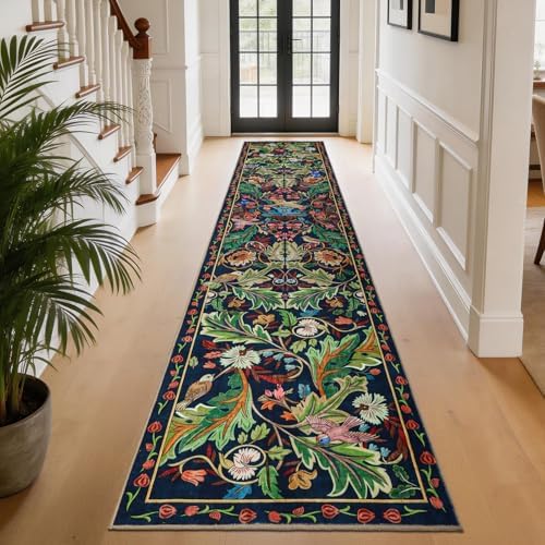 nesrt 2x10 Botanical Runners for Hallways Kitchen Rug Non Slip, Long Washable Boho Jungle Runner Rugs, Soft Floral Forest Birds Carpet Runner for Hall, Laundry, Bedroom, Bathroom (Dark Green) by nesrt