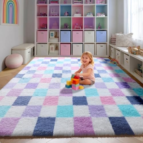 KICMOR Purple Rainbow Checkered Rugs for Living Room, Fluffy Soft 8x10 Area Rugs Colorful Fuzzy Shag Shaggy Bedroom Carpet, Cute Indoor Plush Rug for Kids Girls Dorm Nursery Home Decor Aesthetic by KICMOR