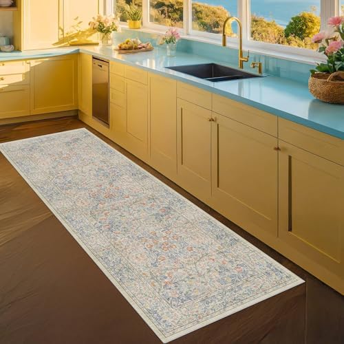 Hazo Haus Non Slip Beige Blue Hallway Runner Rug - Long Runner Rugs 2x7 Washable Kitchen Floor Mat, Laundry Room Rug, Bathroom Runner - Vintage Design Décor - Image 6