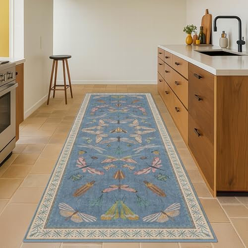 Blue Vintage Insect Runner Rug for Hallway 3x12, Washable Non Slip Kitchen Sink Carpet, Colorful Entryway Home Décor - Image 3