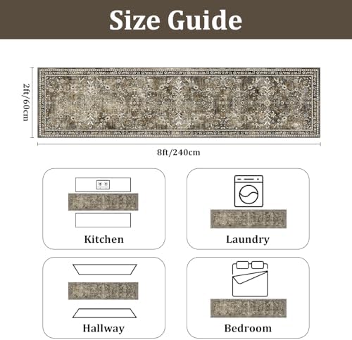 Yamaziot 2x8 Washable Hallway Runner Rug Non Slip Floral Carpet, Tan - Image 3