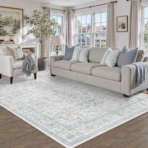 5x7 Washable Bedroom Area Rug Non-Slip Vintage Blue Throw Carpet - Image 2