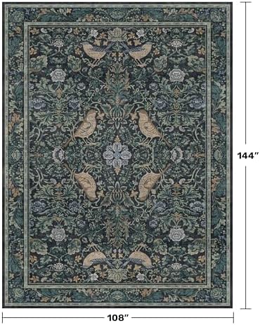 Soft Washable 9x12 Area Rug for Living Room, Bedroom Stain Resistant - Dark Blue Dining Rugs for Under Table, Non-Slip 9 by 12 Low Pile Boho Room Décor for Bedroom, Vintage Bird Floral Design Carpet - Image 2