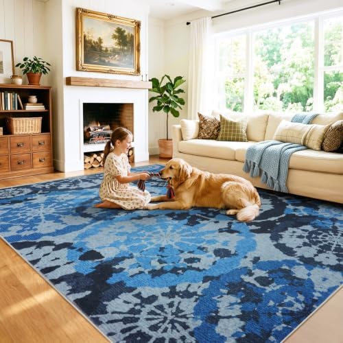 Large Boho Vintage 8x10 Area Rug, Blue Grey Low-Pile Washable Rug - Image 6
