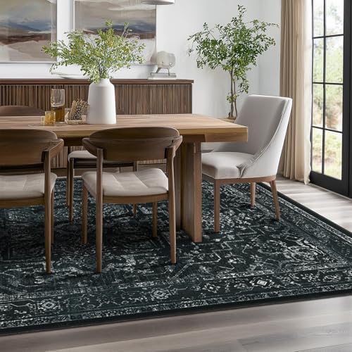 Black Vintage Distressed 8x10 Area Rugs for Living Room, Washable Non Slip Bedroom Rugs Under Bed Faux Wool Soft, Dark Medallion Pinted Thin Carpet for Dining Room Home Office - Image 4