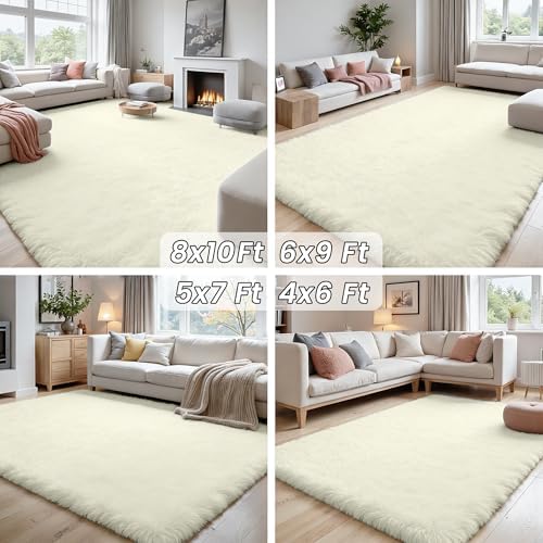 5x8 Fluffy Shag Area Rugs for Living Room Bedroom: Soft Carpet Cream White - Image 7