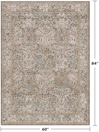5x7 Washable Moss Green Oriental Area Rug for Living Room - Dining Room Rugs for Under Table, Home Office, Low Pile Non-Slip Floor Carpet for Bedroom - Vintage Brown Design & Stain Resistance Carpet - Image 2