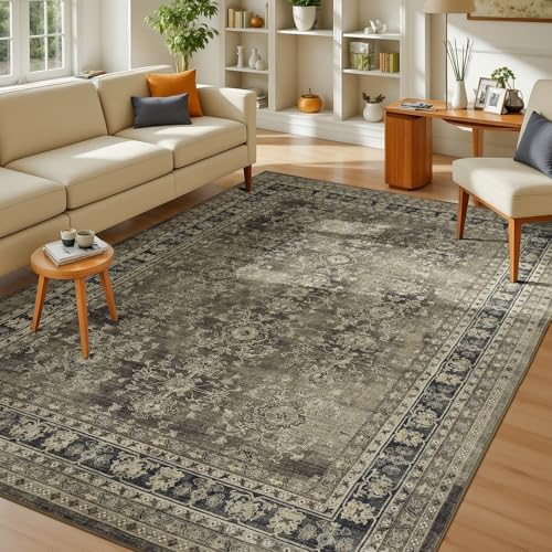 Lessymo 5x7 Area Rugs for Living Room, Machine Washable Non Slip Rug, Soft Low Pile Carpet for Bedroom Dining Home Office, Vintage Brown Distressed Floral Floor Mat by Lessymo