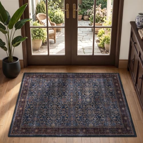 Washable Small Area Rug 3'x4' Entryway, Vintage Old Money, Dark Blue by Jainmy