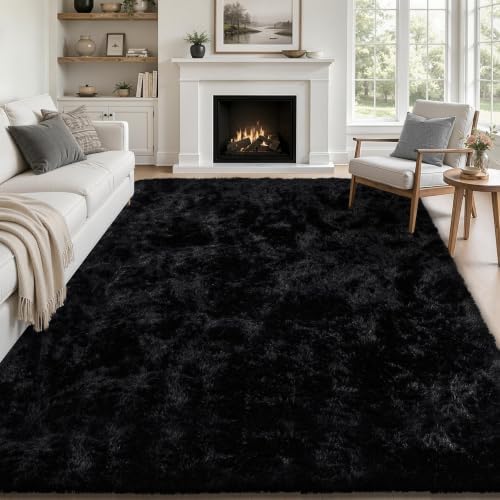 TENGTENGLINK 6x9 Fluffy Shag Area Rug Living Room Bedroom Washable Black by TENGTENGLINK