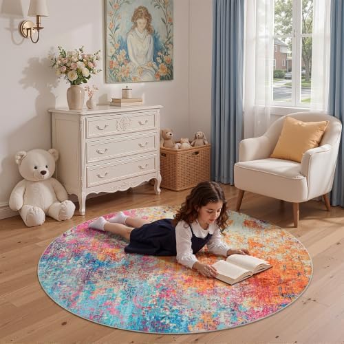 Rugflix Washable 4ft Round Area Rug, Rainbow Abstract Rug for Bedroom - Image 2