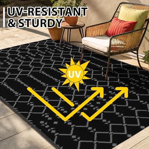Smiry Outdoor Rug 8x10 ft Waterproof Reversible Boho Mat, Dark Grey - Image 5