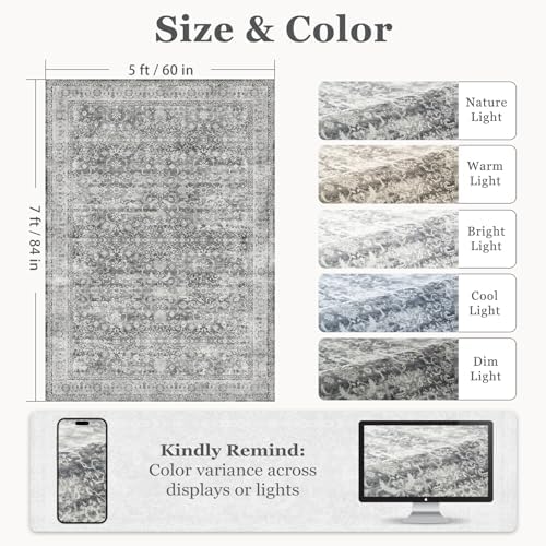 Grey 5x7 Area Rugs for Living Room Bedroom, Washable Non Slip Low Pile Thin Soft Carpet Rugs for Dining Room/Kitchen/Home Office/Nursery, Vintage Neutral Gray with Accents - Image 2