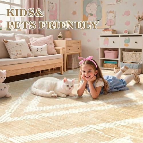 Boho Washable Area Rugs 6x9ft for Living Room, Beige Cream Thin Bedroom Rugs Non Slip, Modern Trellis Soft Kids Nusery Floor Carpets for Dining Room Playroom Home Office Decor - Image 2