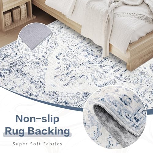 5x7 Area Rugs for Living Room: Washable Rug Vintage Large Rugs Soft Non Slip Low Pile Rug Floral Distressed Floor Carpet for Bedroom Kitchen Nursery Dining Room Home Office (Blue, 5'x7') - Image 6
