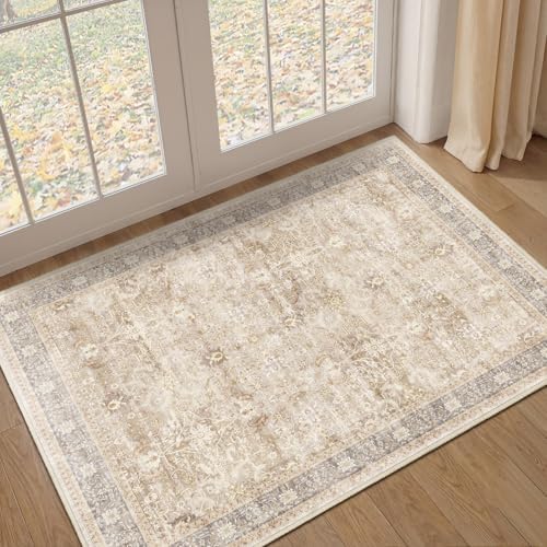 Small Area Rugs 3x4, Neutral Beige Throw Rugs for Kitchen Bathroom Bedroom, Washable Non Slip Ultra Thin Front Indoor Door Mats for Entrance Entryway Foyer, Vintage Farmhouse Earth Tone by Jainmy