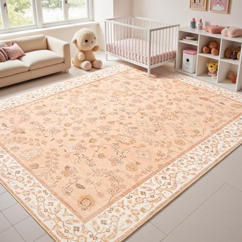Goideal Peach Rug for Girls Room, 8x10 Floral Washable Area Rug Non Slip, Boho Low Pile Carpet with Rubber Backing for Bedroom Living Room Bathroom Playroom Nursery Office by Goideal