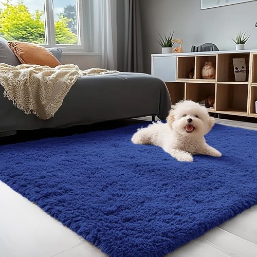 OLANLY 4x5 Machine Washable Accent Rug, Soft Fluffy Shaggy Area Rug for Bedroom, Living Room, Indoor Floor Carpet for Kids, Nursery, Home Decor, Navy Blue by OLANLY