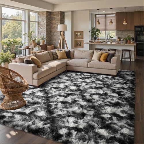 9x12 Ft Extra Large Shag Rugs for Living Room, Tie Dyed Ultra Soft Fluffy Furry Area Rugs for Bedroom Indoor Floor, Aesthetic Carpet for Kids Home Decor (Black Grey) by Cuzwlovita