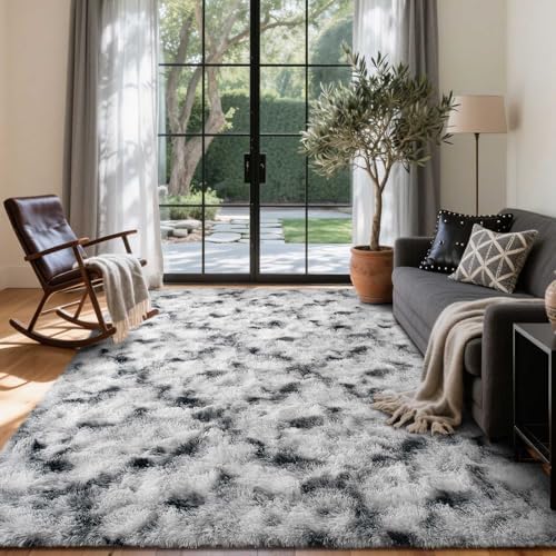 6x9 Ft Large Shag Rugs for Living Room Decor, Tie-Dyed Ultra Soft Fluffy Furry Area Rugs for Bedroom Indoor Floor, Aesthetic Carpet for Kids Home (Black White) - Image 2