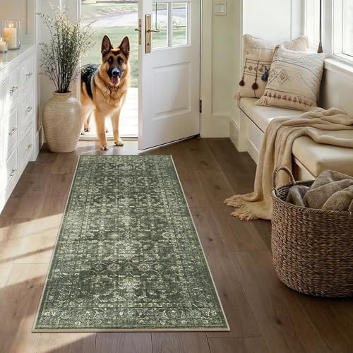 2x5 Washable Kitchen Runner Rug Non-Slip Boho Dark Green Throw Carpet by HOME
