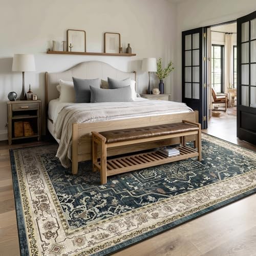 Vintage Distressed 8x10 Rugs for Living Room Bedroom, Washable Non Slip Dining Room Rugs for Under Table, Low Pile Thin Soft Carpet Farmhouse Dark Medallion Printed, Midnight/Multi - Image 4