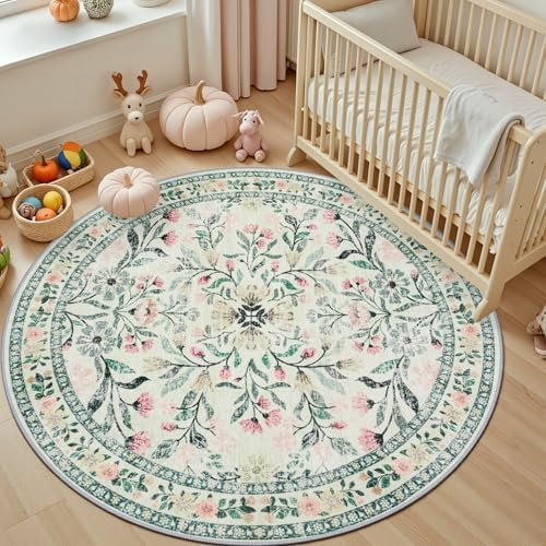 PLHXFR Round Area Rug Living Room: 6 ft Floral Washable Carpet Green Beige - Image 5
