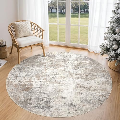 UERMEI 5ft Round Area Rug Living Room Rugs - 5x5 Washable Neutral Modern Abstract Soft Thin Rug Indoor Floor No Slip Rug Carpet for Bedroom Under Dining Table Home Office Decor - Brown Grey by UERMEI