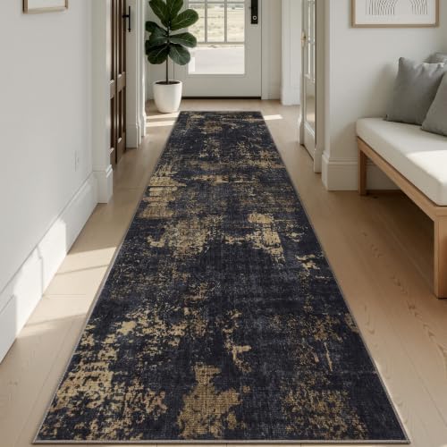 Sasttie 2x12 Runner Rug, Modern Abstract Hallway Carpet, Black & Gold by SASTTIE