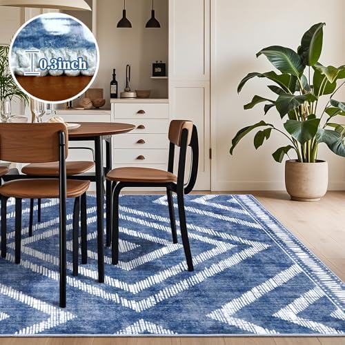 Boho Washable Rugs 5x7ft for Living Room, Low Pile Blue Bedroom Area Rug Non Slip, Moroccan Soft Kids Nursery Area Carpets for Dining Room Playroom Kitchen Home Office Decor - Image 3