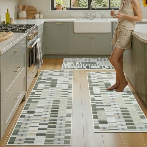 hicorfe Kitchen Runner Rugs,[No Crease] 3 Pieces Non Slip Kitchen Mats for Floor,Washable Kitchen Rugs,Geometric Floor Carpet for Hallways Entryway Laundry Room(20"x32"+20"x48"+21"x59" Light Tauqe) by Hicorfe