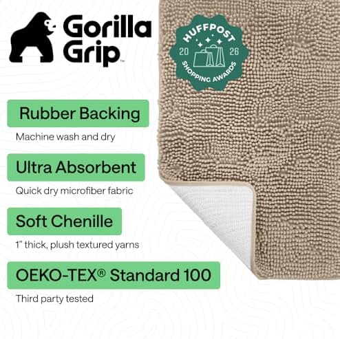 GORILLA GRIP Bath Rug Mat for Bathroom, Absorbent Chenille 60x17 Gray Beige - Image 2