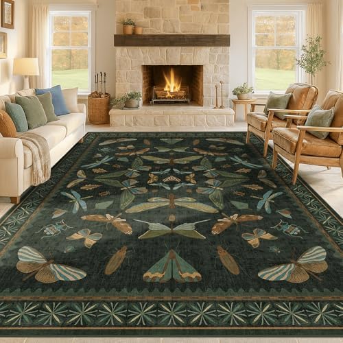 Hazo Haus Green Living Room Rug - Vintage Washable Dark Green 10x14 Rug for Dining Room Under Table, Bedroom, Insect Moth Floral Design, Non-Slip Soft Low Pile by HazoHaus